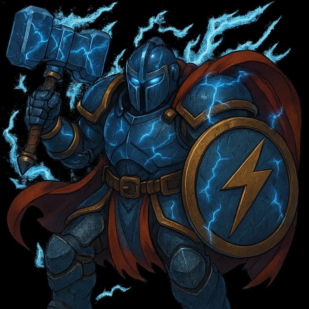 Fundrick character full profile image - armored warrior with lightning hammer and shield