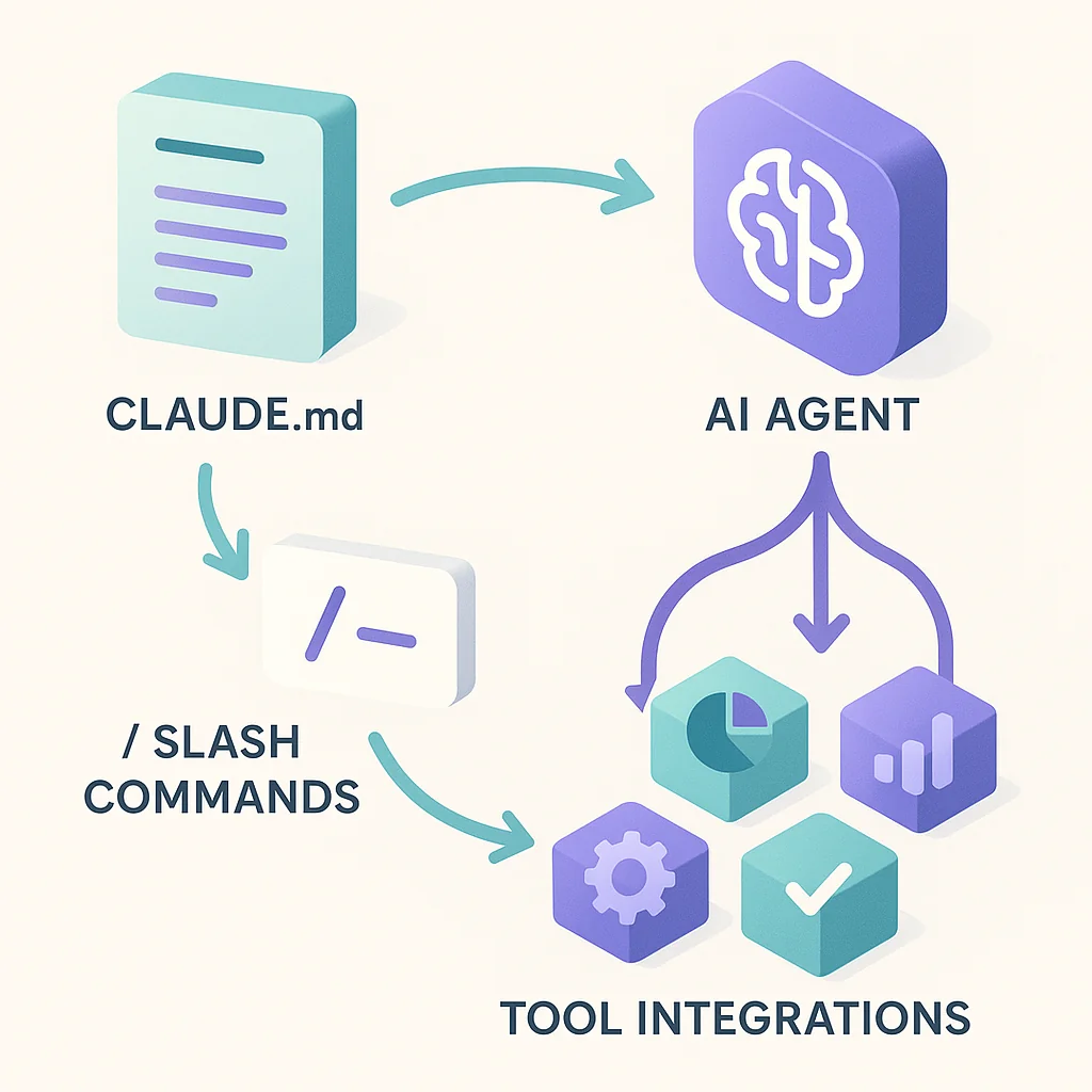 Configuration workflow showing slash commands, CLAUDE.md, and agent setup