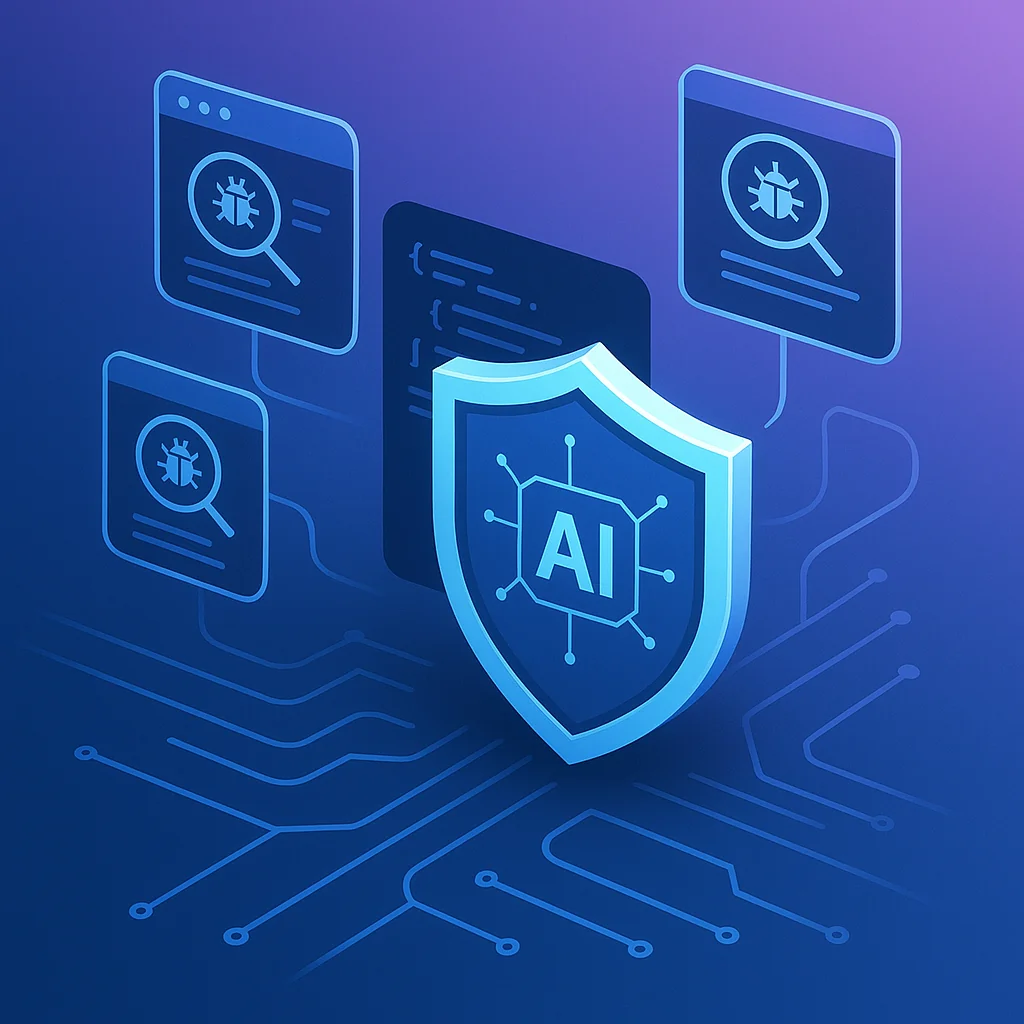 AI-powered security shield protecting code with vulnerability scans