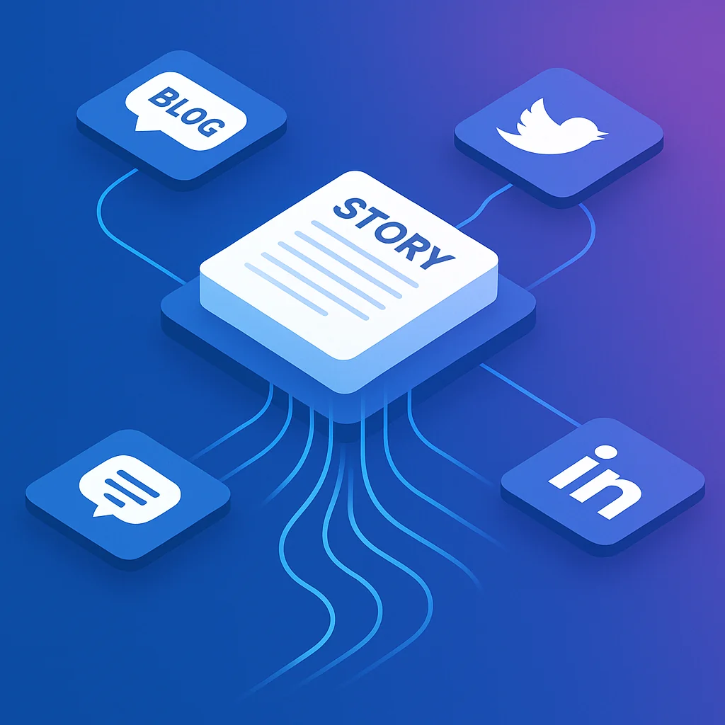 Content pipeline transforming a single story into multiple platform-specific formats